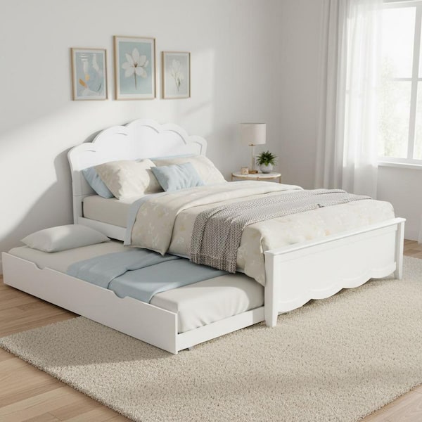 White Wood Frame Full Size Platform Bed with Twin Size Trundle and Headboard
