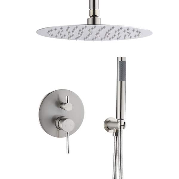 Pdpbath 2-Spray 10 in. Ceiling Mount Dual Shower Head and Handheld Shower Head with 1.8 GPM in Brushed Nickel
