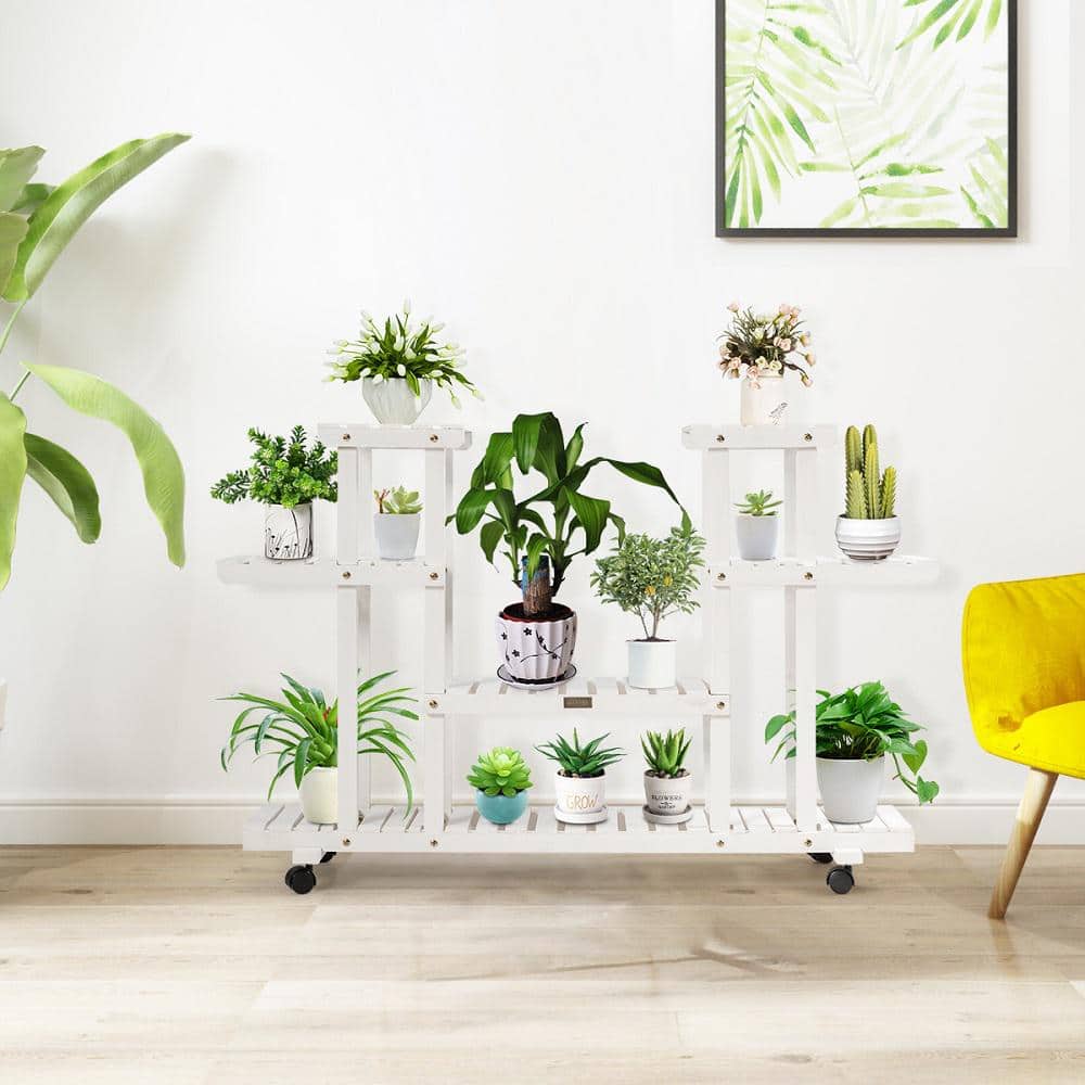 White 4-Tier Rolling Wood Plant Stand with Casters