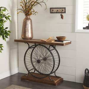 39 in. Brown Rectangle Wood Wide Slatted Top Bike Console Table with Dual Wheel Frame and Tiered Base