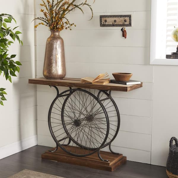 Litton Lane 39 in. Brown Rectangle Wood Wide Slatted Top Bike Console Table with Dual Wheel Frame and Tiered Base