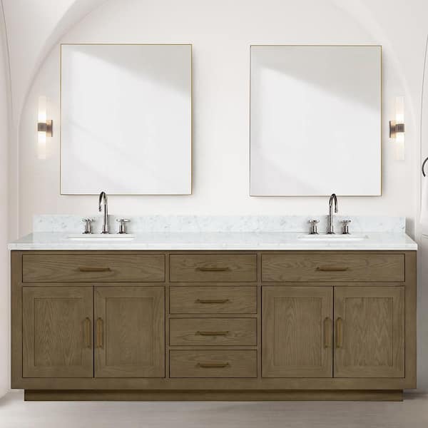 Condor 84 in W x 22 in D Grey Oak Double Bath Vanity, Carrara Marble Top, and 36 in Mirrors