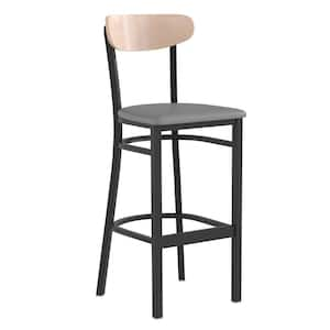 32 in. Natural Birch Wood Back/Gray Vinyl Seat Full Metal Bar Stool with Vinyl Seat