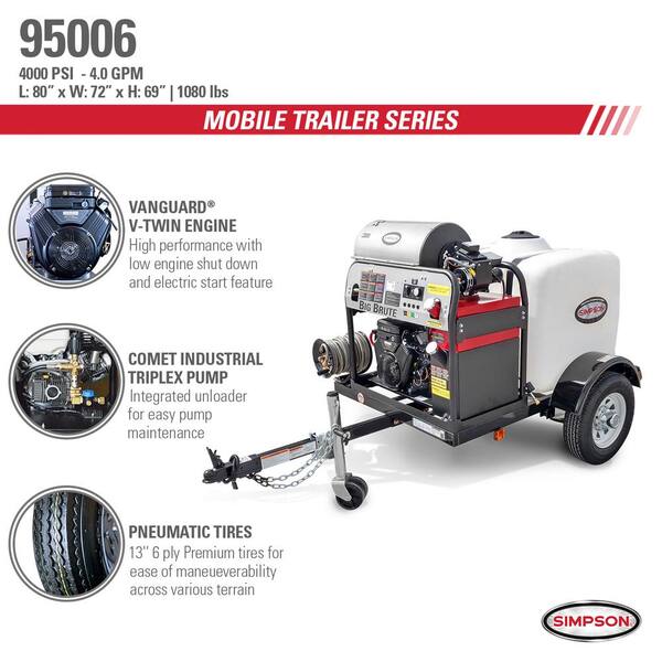 Simpson Trailer Hot Water 4000 PSI Mobile Pressure Washer w/ Vanguard 95006