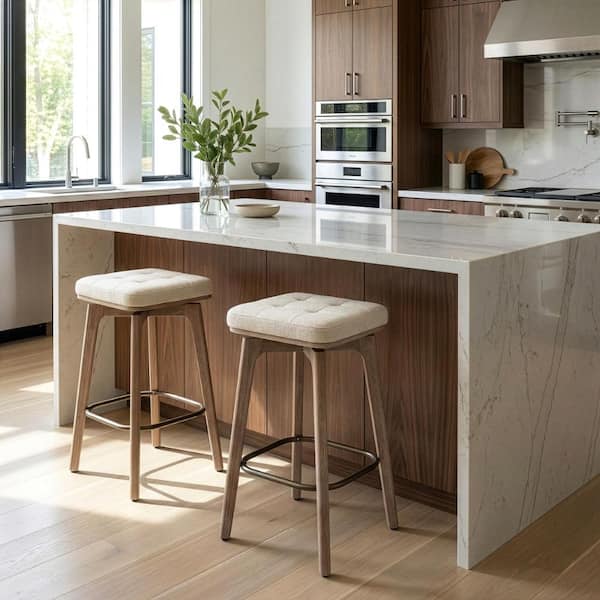 Beckham 27 in. Beige Wood Counter Stool with Woven Fabric Seat 2 (Set of Included)