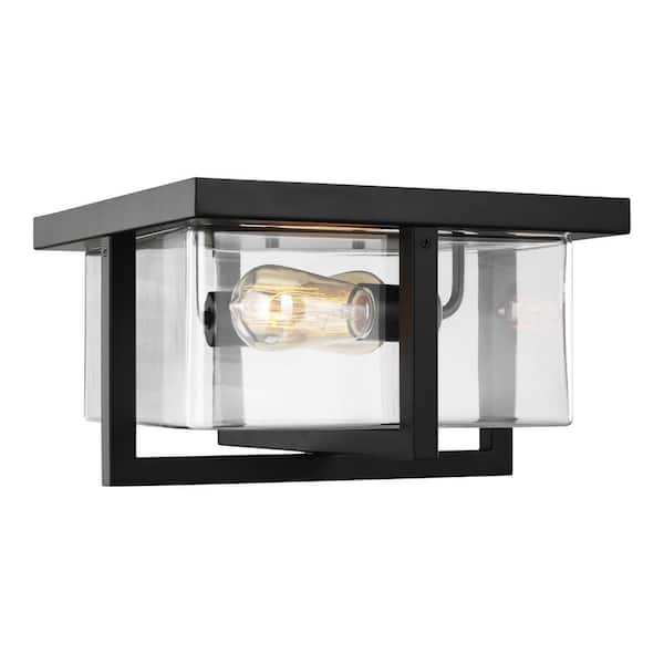 Mitte 13 in. 2-Light Midnight Matte Black Ceiling Flush Mount with Clear Glass Shade