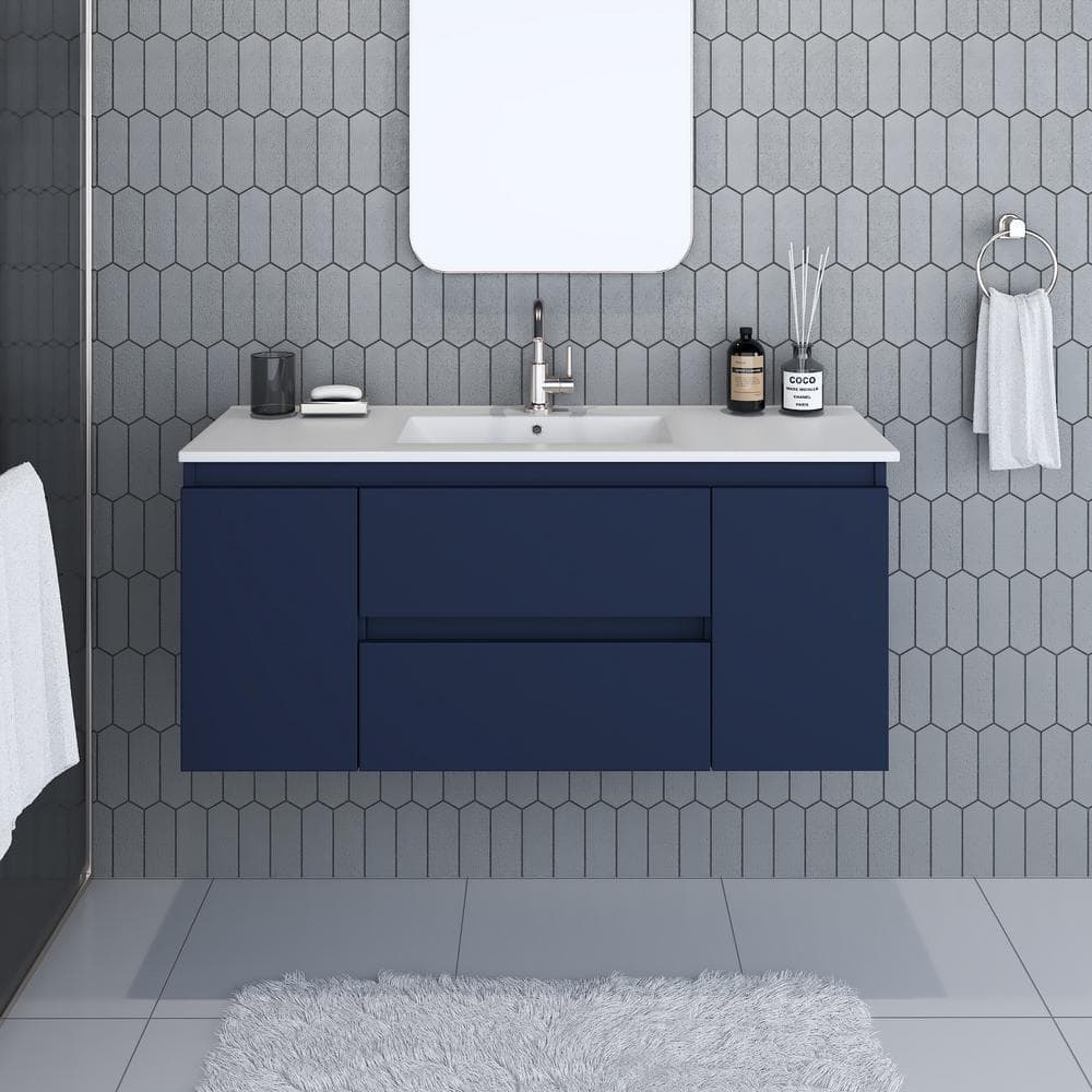 Salt 48 in. W x 18 in. D Bath Vanity in Navy with Ceramic Vanity Top in White with White Basin price history on PriceWatchPro
