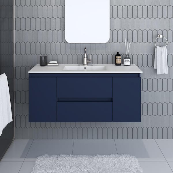 Salt 48 in. W x 18 in. D Bath Vanity in Navy with Ceramic Vanity Top in White with White Basin