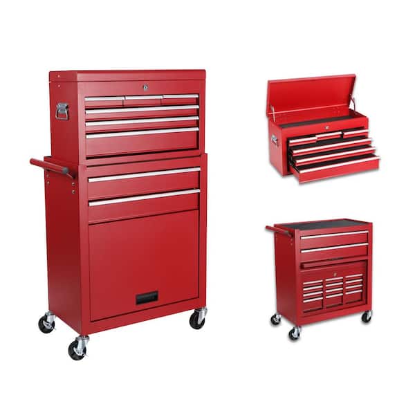 13 in. W Red 8-Drawer Rolling Storage Tool Carts with Lock, Detachable Top Tool Box, Liner, Adjustable Shelf, Hooks