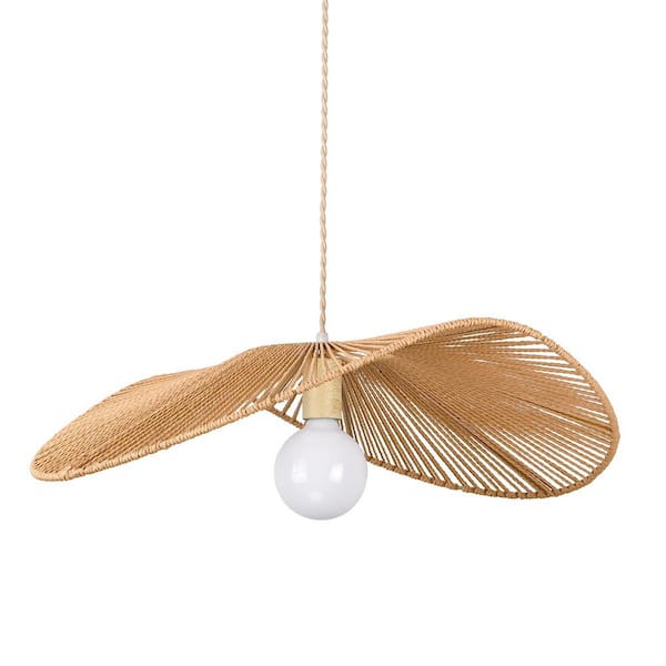 23.82 in. 1-Light Natural Yellow Rattan Coastal Farmhouse Dome Pendant Light for Kitchen Island
