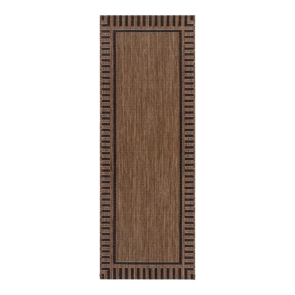 Havana and Black Striped Synthetic Flatweave Outdoor Rug, 2x6
