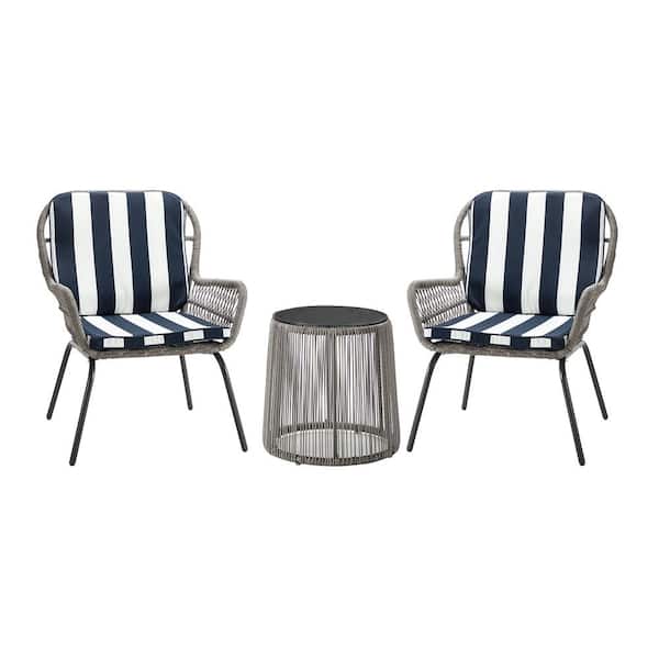 Tunearary 3-Piece Gray Wicker Outdoor Patio Conversation Seating Set with Navy Blue and White Cushions