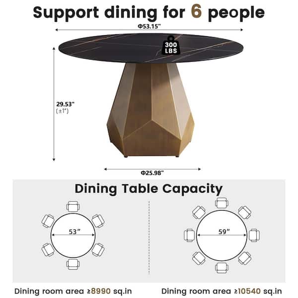 53 in. Black Circular Sintered Stone Tabletop Bronze Pedestal Base Kitchen Dining Table (Seats-6)