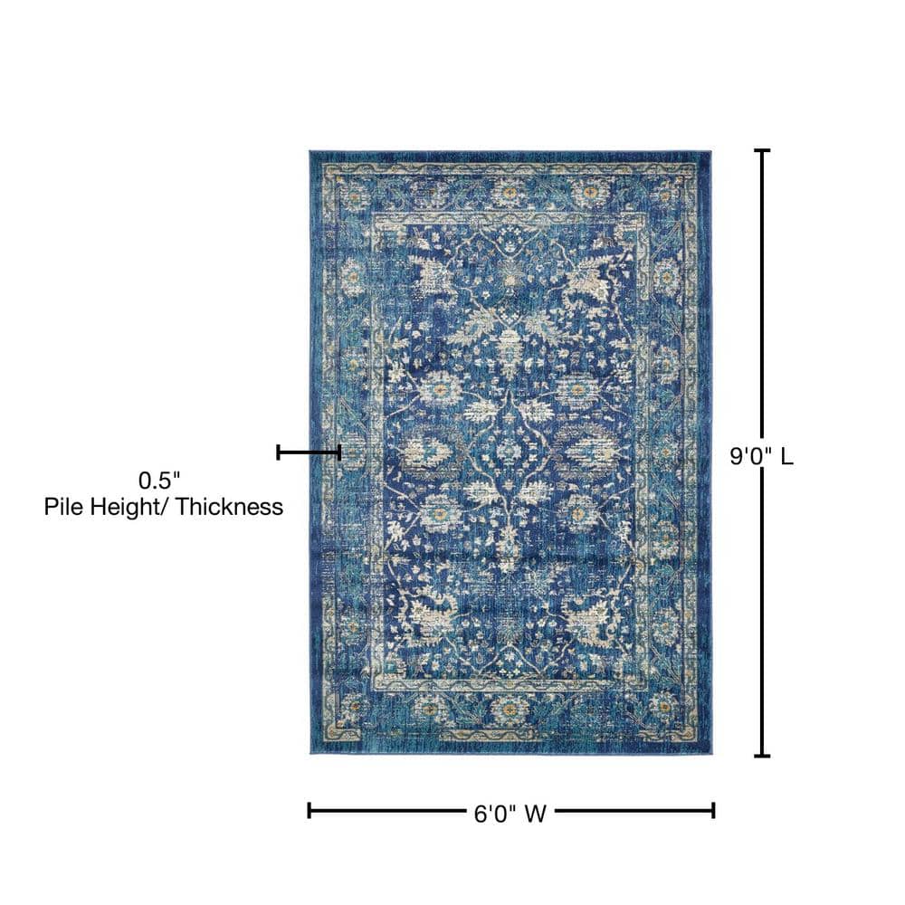 Navy Blue and Beige 6' x 9' Synthetic Stain-Resistant Area Rug