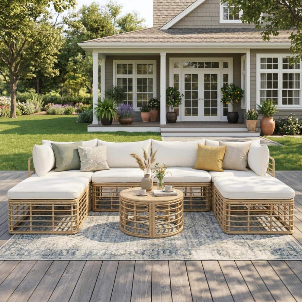 Meteor shower llc 7 Pieces Wicker Outdoor Sectional Sofa Set, with Beige Cushions and Pillows, Freely Combined Conversation Sets