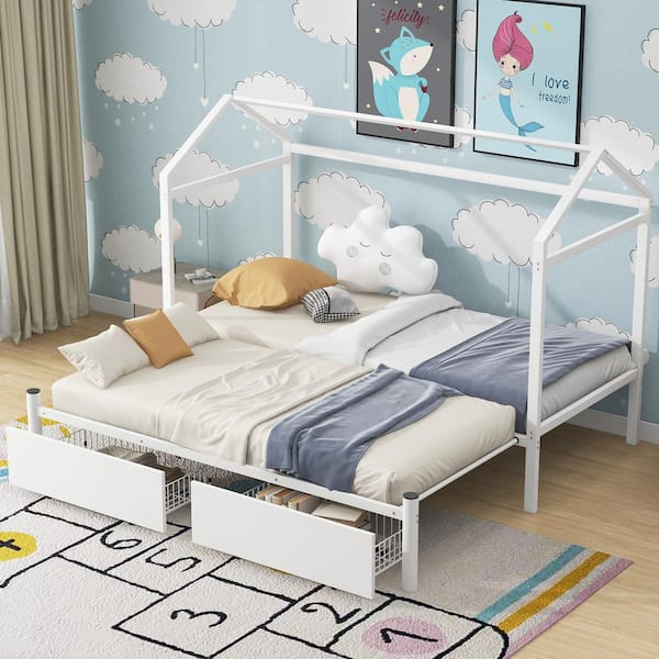 Harper & Bright Designs White Twin XL to King Size Metal Frame House Shaped Platform Bed with 2 Drawers