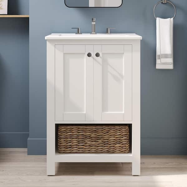 24 in. W x 18.5 in. D x 34 in. H Single Sink Freestanding Wood Bath Vanity in White with White Ceramic Top (Assembled)