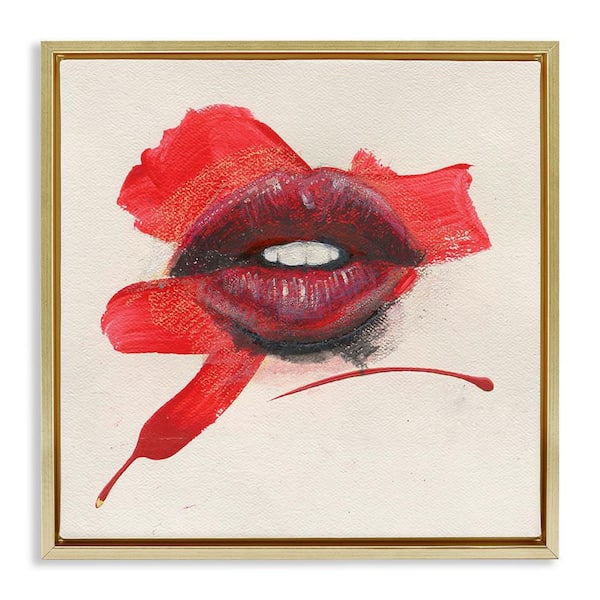 Stupell Industries Red Lips Paint Streak by Daniel Houston Gold Floater Frame People Graphic Art Print 18 in. x 18 in.