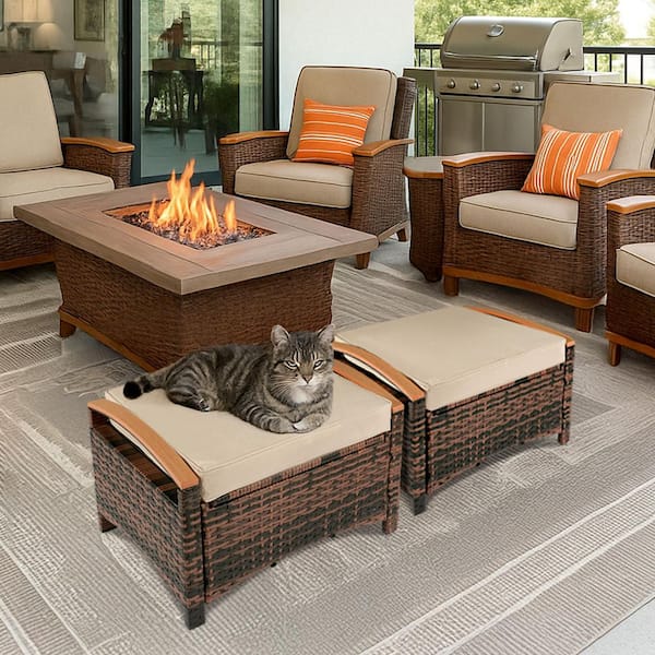 Brown Wicker Outdoor Ottoman with Beige Cushion 2-Pack Patio Ottomans, Patio Footrest Stool
