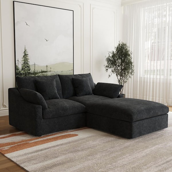 82.68 in. Slope Arm 3-Piece L-Shaped Linen Modern Oversize Modular Sectional Sofa Couch in Black with Ottoman