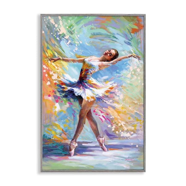 Stupell Industries Ballerina on Pastel Splatter by Leon Devenice Gray Framed People Giclee Art Print 30 in. x 20 in.