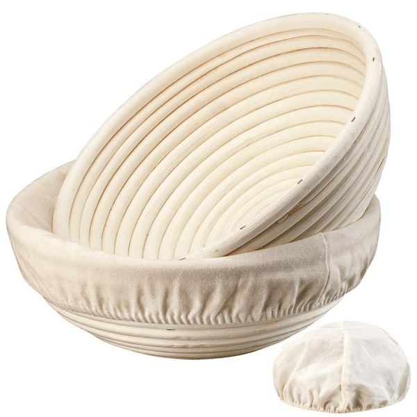 Natural Rattan Bread Proofing Basket Set - Handmade Round Banneton Bowls with Liners (2-Piece Set)