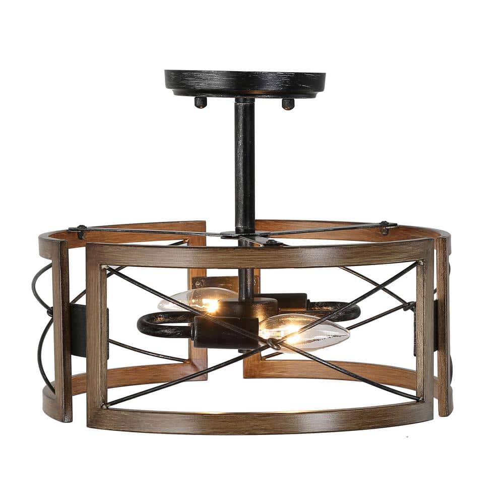 The 13 in. 2-Light Metal Silver and Pine Texture Semi-Flush Mount Ceiling L