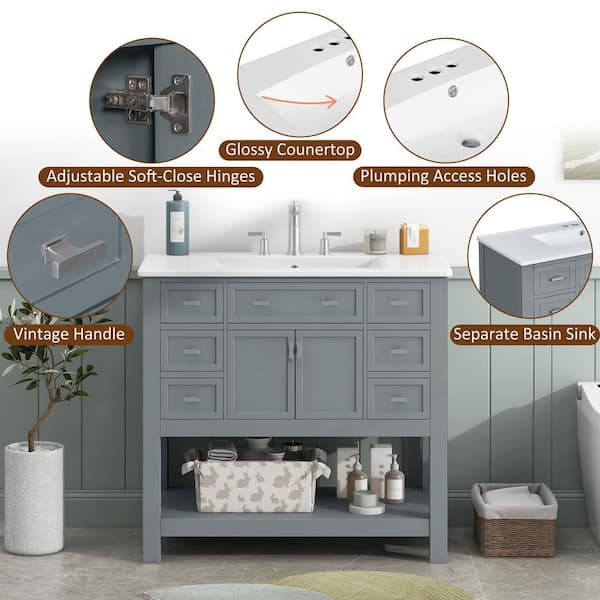 36 in. W Freestanding Bath Vanity in Gray with White Ceramic Top, 6-Drawers and Open Shelf