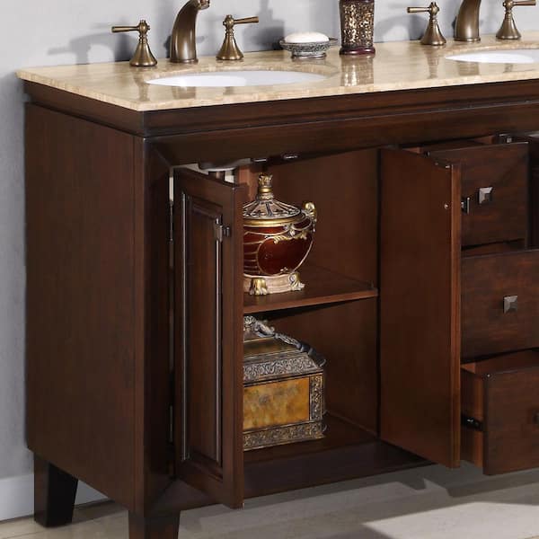 Silkroad Exclusive 55-in Dark Walnut Double Sink Bathroom Vanity with Travertine Top