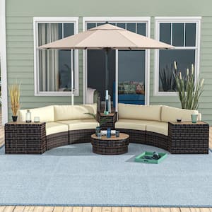 Mixed Brown 8-Piece PE Rattan Patio Conversation Set with Cream White Cushions