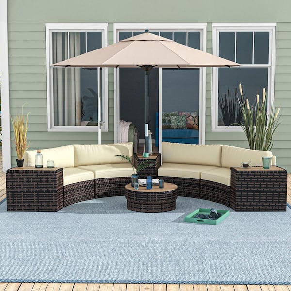 Outsunny Mixed Brown 8-Piece PE Rattan Patio Conversation Set with Cream White Cushions