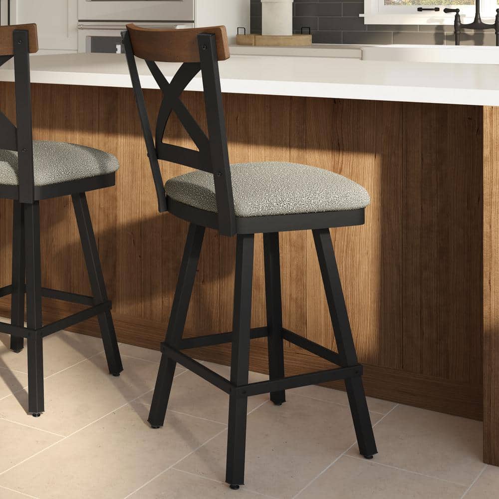 Snyder 46'' Beige Swivel Bar Stool with Aged Wood and Black Metal