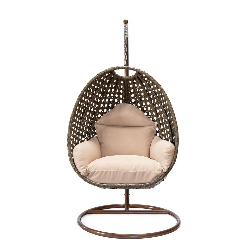 Beige Wicker Rattan Hanging Egg Chair with Cushions and Iron Stand