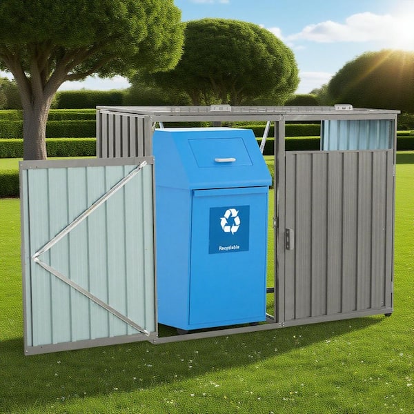 Unbranded 2.6 ft. W x 5.3 ft. D Metal Outdoor Bin Shed for Garbage Storage Shed Stores 2 Trash Cans(13.78 sq. ft)