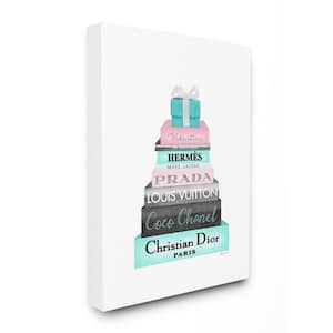 24 in. x 30 in. "High Fashion Bookstack Pink with Blue Box and Bow" by Artist Amanda Greenwood Canvas Wall Art