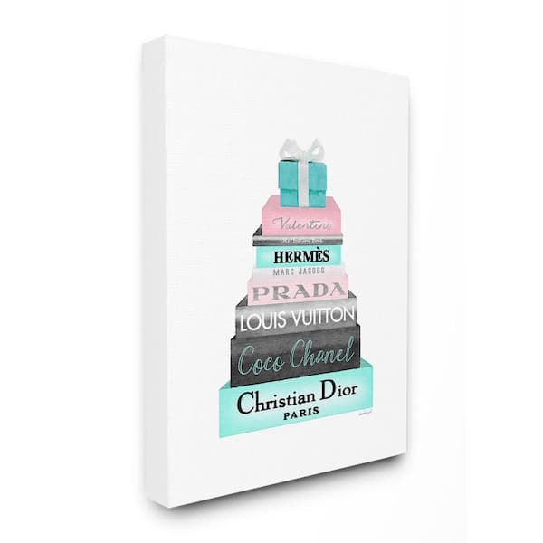 Stupell Industries 24 in. x 30 in. "High Fashion Bookstack Pink with Blue Box and Bow" by Artist Amanda Greenwood Canvas Wall Art