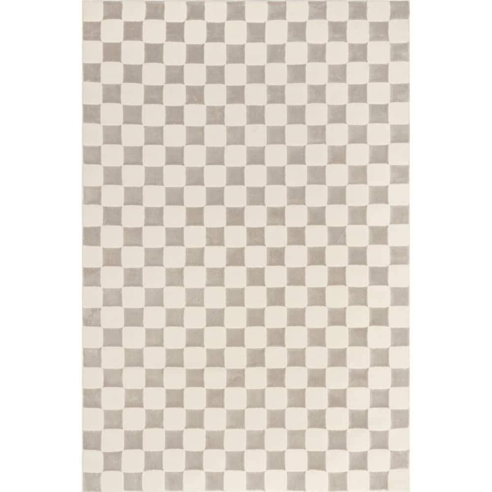 Cream and Gray Checkered Machine Washable Synthetic Area Rug