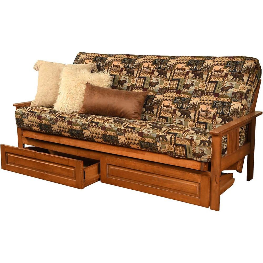 79 in. Barbados/Peter's Cabin Fabric Upholstered Full Size Futon Set with Mattress and Storage Drawers
