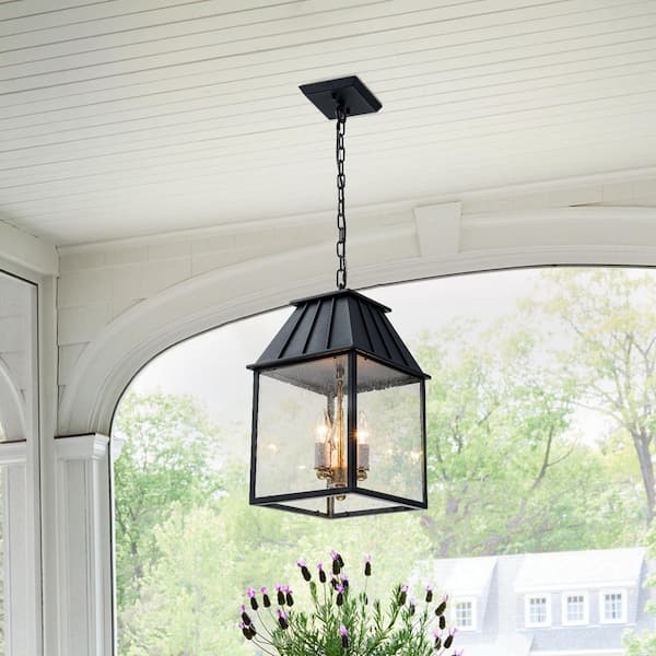 Acerbis 19.3 in. 3-Light Black/Gold Outdoor Hardwired Wall Lantern Pendant Light with Seedy Glass Shade