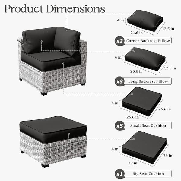 25.6 in. x 25.6 in. x 4 in. (9-Piece) Deep Seating Outdoor Lounge Chair Sectional Cushion Black