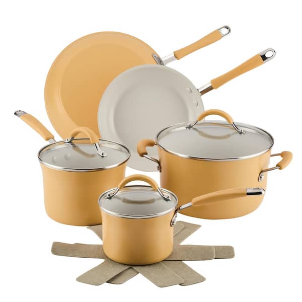 10 Piece Cucina Ceramic Aluminum Nonstick Cookware Pots and Pans Set, Turmeric Yellow