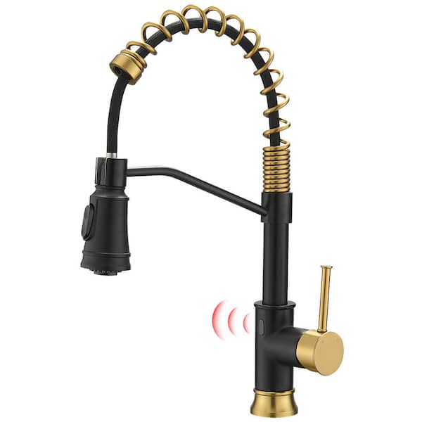 Boyel Living Single Handle Touchless Pull Down Sprayer Kitchen Faucet with Water Supply Hose in Matte Black with Gold