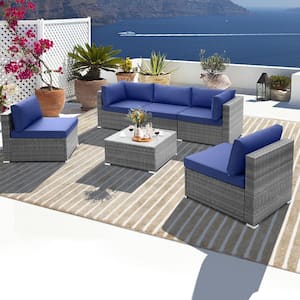 6-Piece Wicker Patio Conversation Set Rattan with Tempered Glass Coffee Table and Navy Cushion