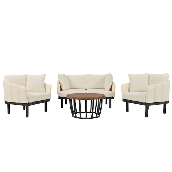 Zeus & Ruta Modern 4-Piece Iron Outdoor Frame Conversation Set, Patio Chat Set with Wood Round Coffee Table, Beige Cushions
