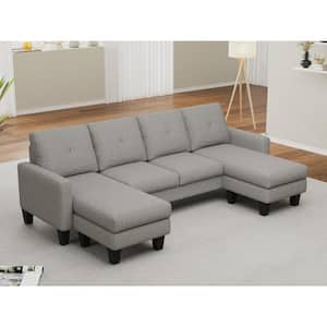 Light Grey Linen Fabric Metal Outdoor Sectional Sofa Set with Light Grey Cushions, U-Shaped 4-Seat Sofa for Living Room