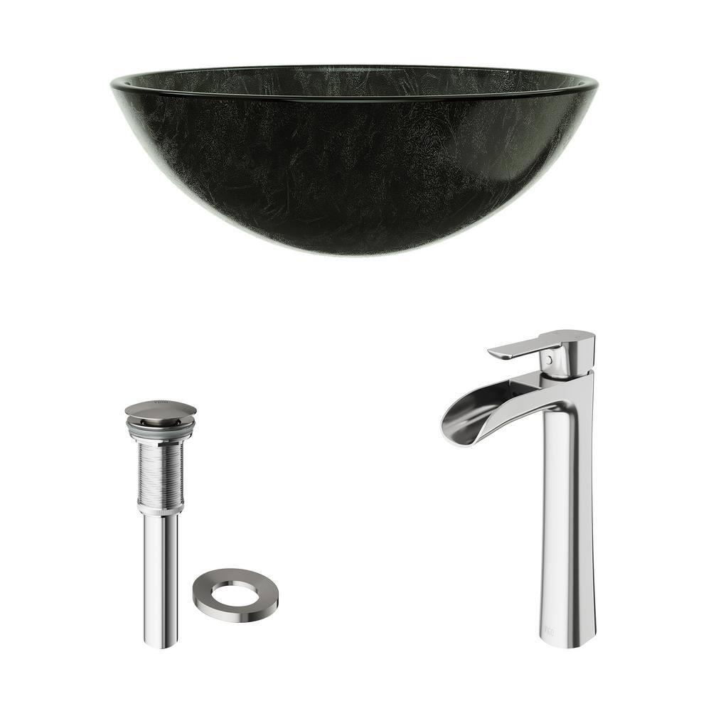 Gray Onyx Round Glass Vessel Sink with Brushed Nickel Faucet