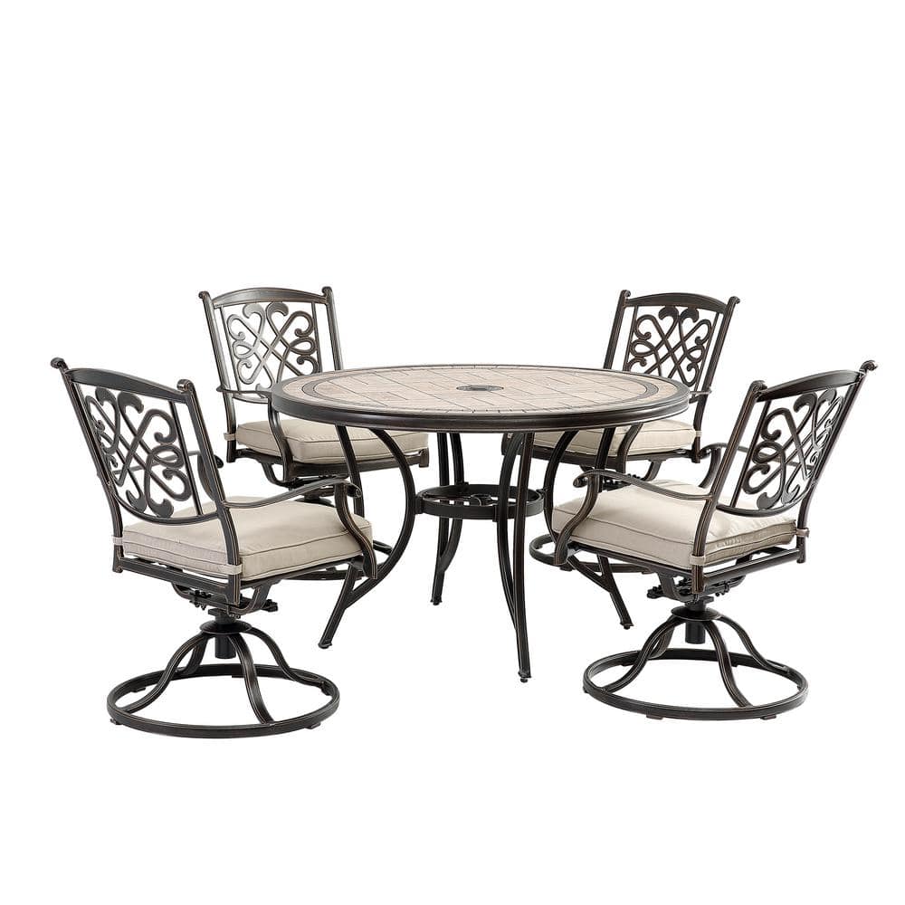 Mondawe Charcoal Gray 5-Piece Cast Aluminum Round Outdoor Dining Set and Backrest Swivel Chairs with Beige Cushions -  21OD011025BE-B