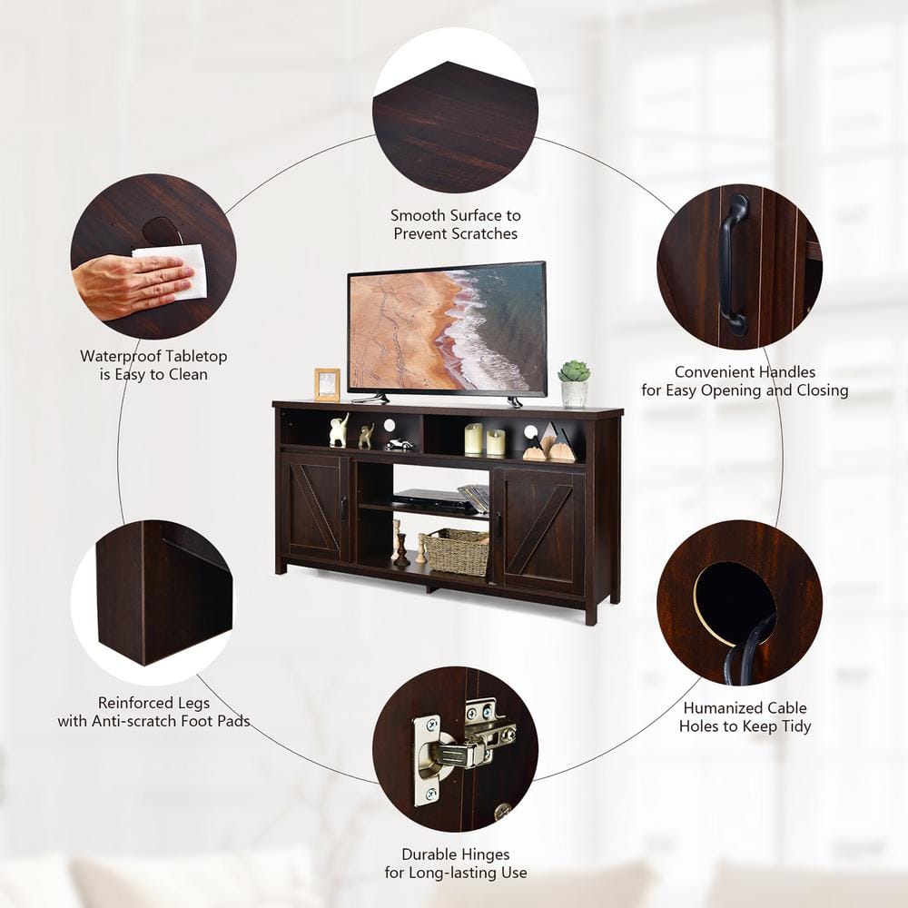 Coffee Brown 59'' Wood TV Stand with Fireplace Cabinet