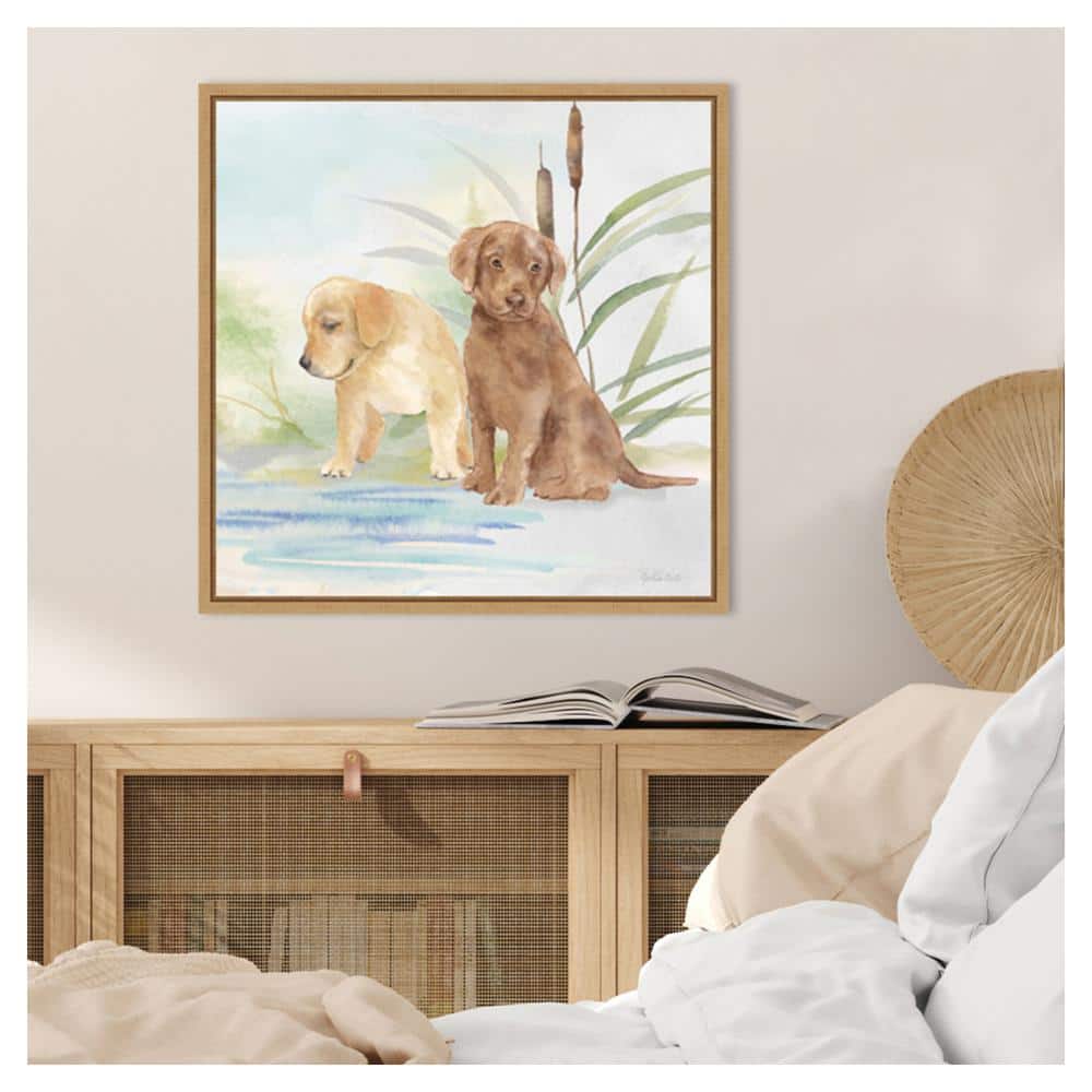 Woodland Dogs II Watercolor Canvas Art with Maple Frame