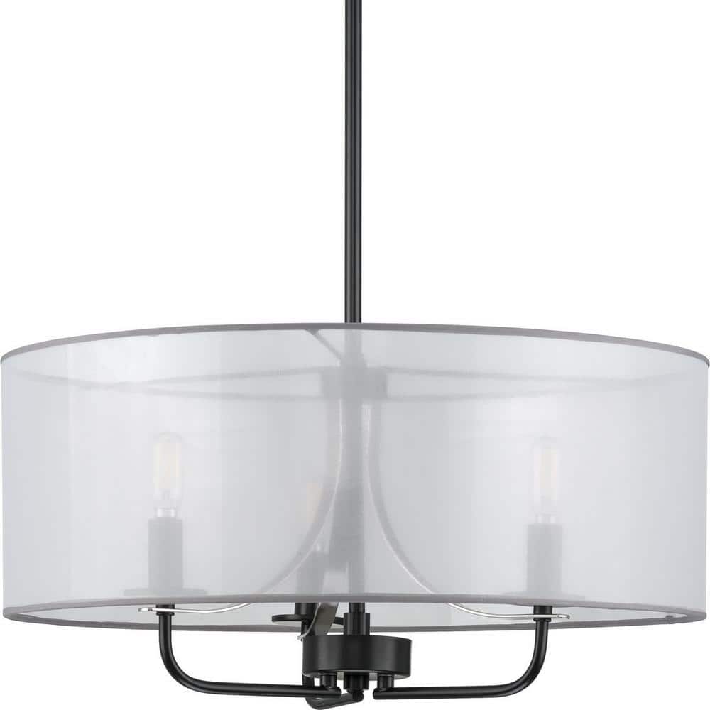 Matte Black Glass Drum Pendant Light with Organza Shade